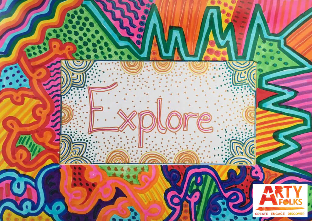 Brightly coloured artwork from Arty Folks with the word Explore in the centre of the image.