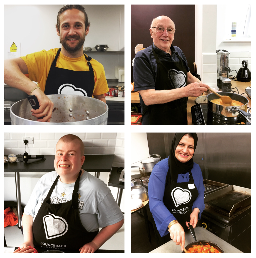 A Bounceback chef leads a meal drive as he stirs a large saucepan. Three other beneficiaries are pictured at Bounceback cookery workshops.