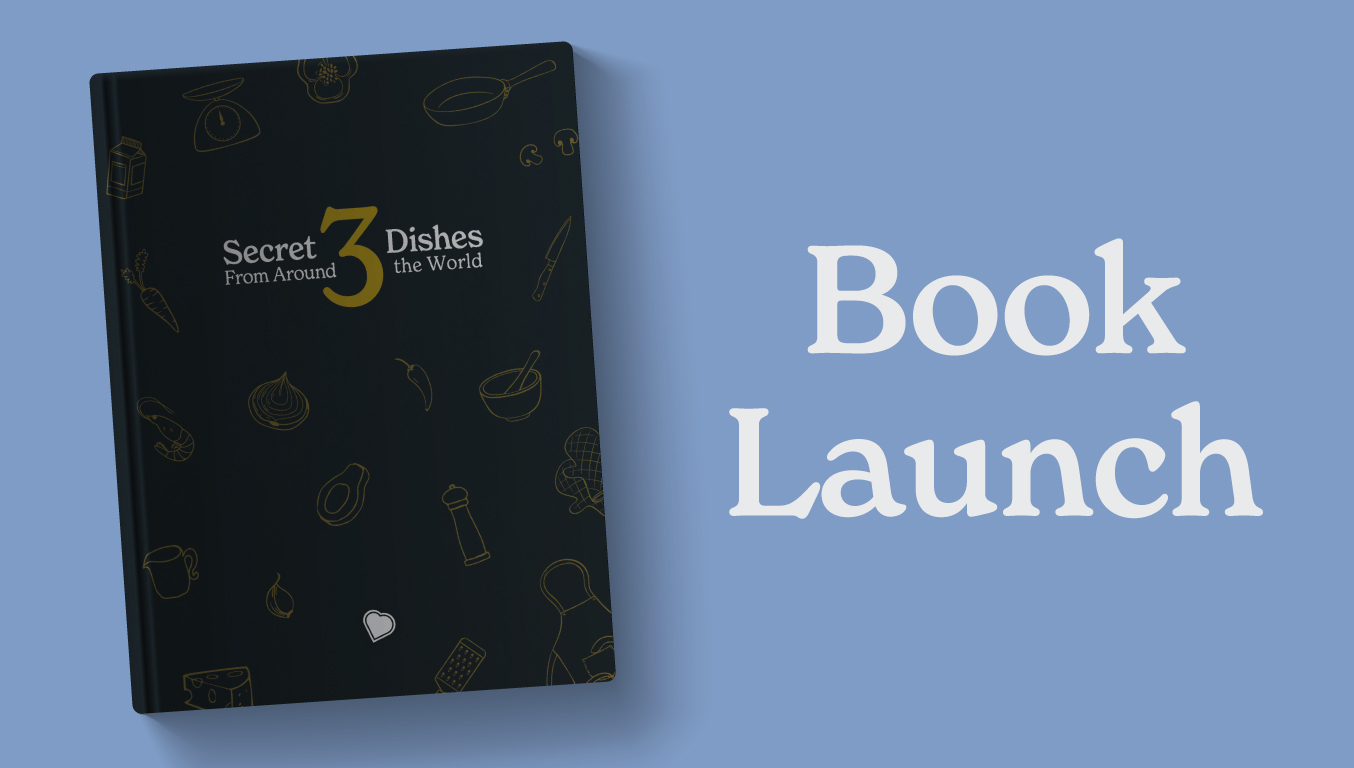 Book Launch banner with front cover of Secret Dishes From Around the World 3