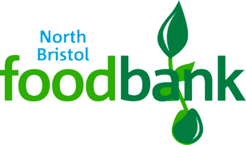 The North Bristol food bank logo in two shades of green and the location name in blue.