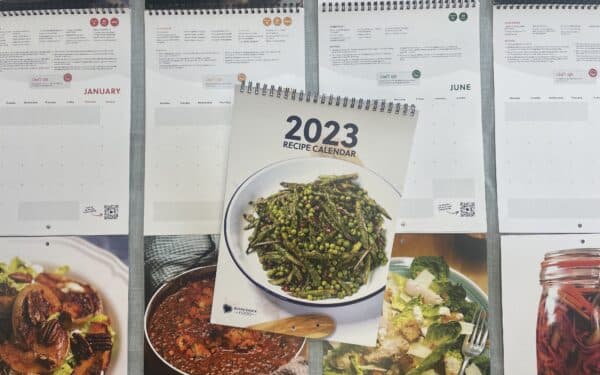 The front cover of the Bounceback Food Recipe Calendar 2023 with pictures of the recipes that are within