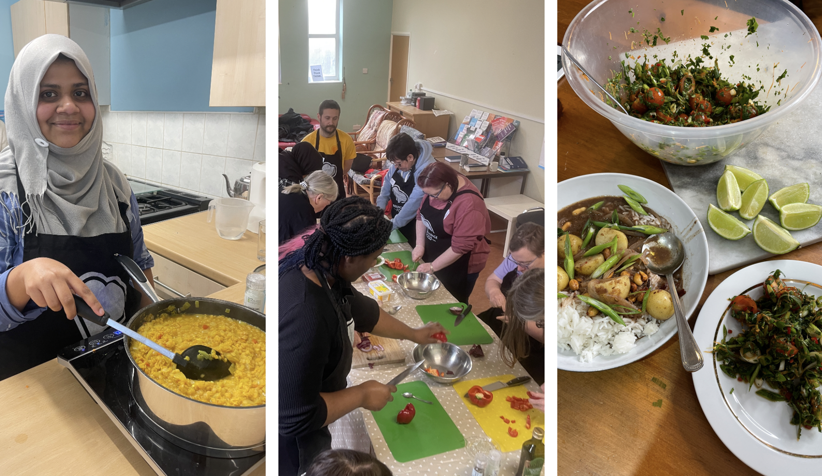 A cookery class participant, cookery workshop group and food from a cookalong as three pictures in one.