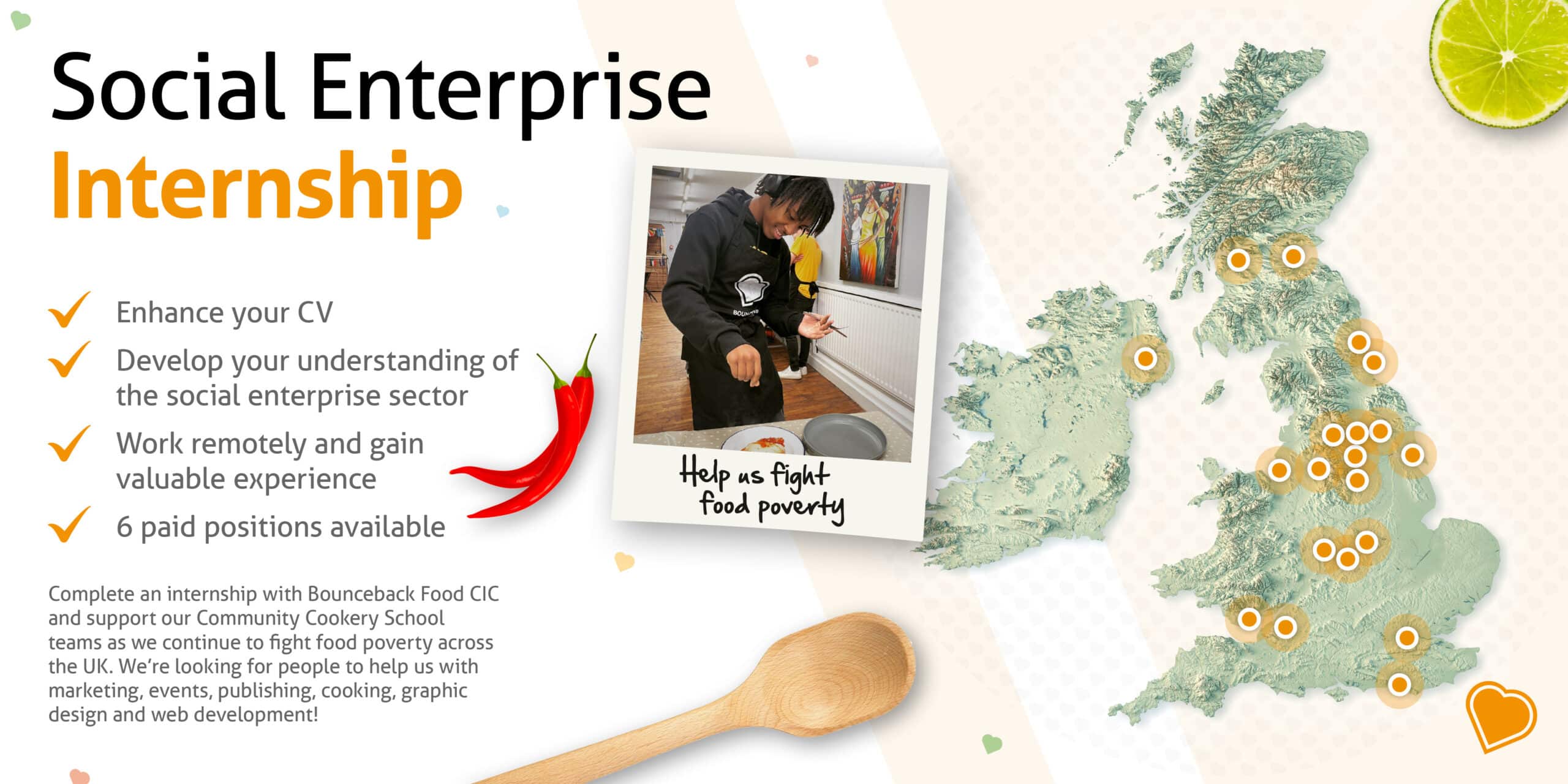 A map of the UK showing details of the Bounceback Food social enterprise internship programme